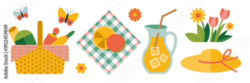Bright spring picnic elements with sun hat and butterflies - Great for travel agencies, children's activities, or party decor.