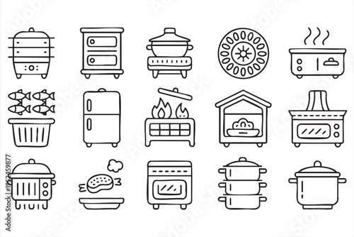 Home kitchen and cooking icons collection featuring appliances cookware and culinary tools