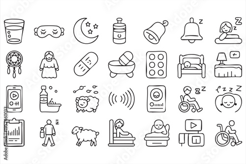 Sleep wellness icon pack featuring bedroom objects dreams and night routine elements
