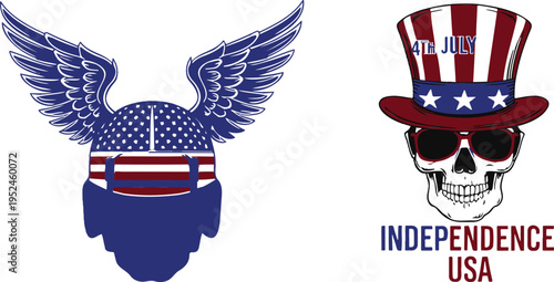 Stylized skulls wearing patriotic American flag designs, one with wings and the other a top hat
