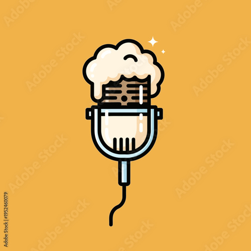 Retro Microphone with Beer Foam and Sparkles Illustration.