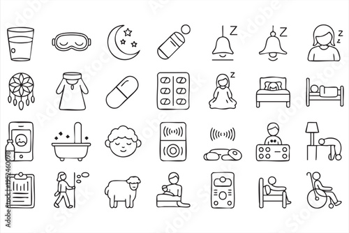 Insomnia and sleep health icons featuring night routine and relaxation elements