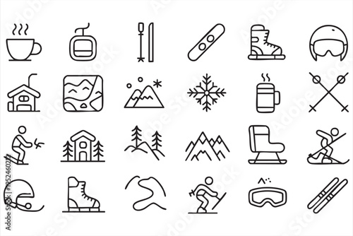 Winter sports icon pack featuring ski snowboard cable car and snowy mountain landscape