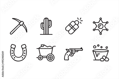Wild west and mining icon set with cowboy tools gold rush and desert elements