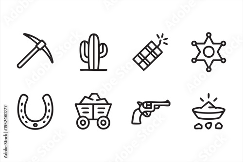 Western cowboy outline icons collection featuring mining equipment sheriff badge and revolver