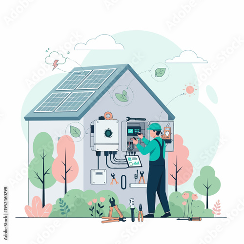 Solar Panel Technician Installing and Maintaining Home Energy System.