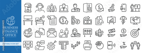 Business, Finance, and Office Outline Icon Set , Corporate, Accounting, Banking, Office Management, and Startup Essentials Vector Pack