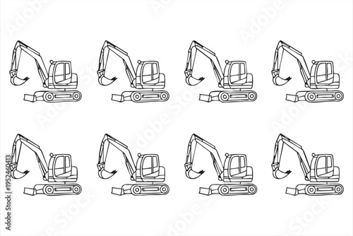 Excavator construction equipment icon set with heavy machinery and industrial tools