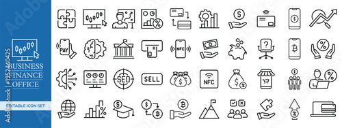 Business, Finance, and Office Outline Icon Set , Corporate, Accounting, Banking, Office Management, and Startup Essentials Vector Pack