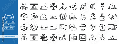 Business, Finance, and Office Outline Icon Set , Corporate, Accounting, Banking, Office Management, and Startup Essentials Vector Pack