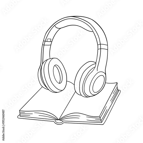3D vector illustration of headphones with books and music notes as a modern audio technology symbol for a web design icon