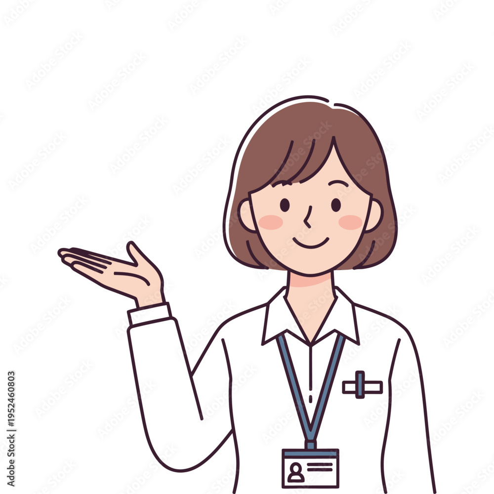 Fototapeta premium A smiling woman in a white uniform with a name tag, gesturing to the side.
