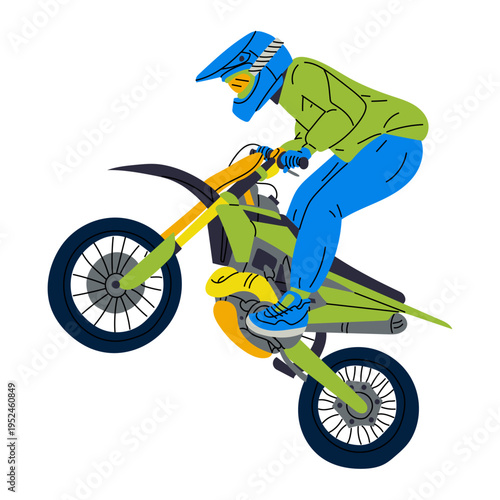 Flat illustration of motorcyclist in green and blue gear performing jump stunt on bike isolated on white. Sports graphic for extreme racing banners, biker stickers or motor adventure designs