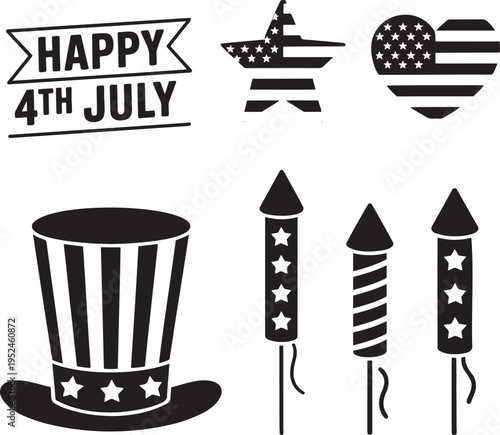 Black and white collection of patriotic symbols featuring Uncle Sam hat, fireworks, and American flag shapes