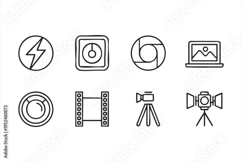 Video production icon pack featuring camera lens tripod and digital media tools