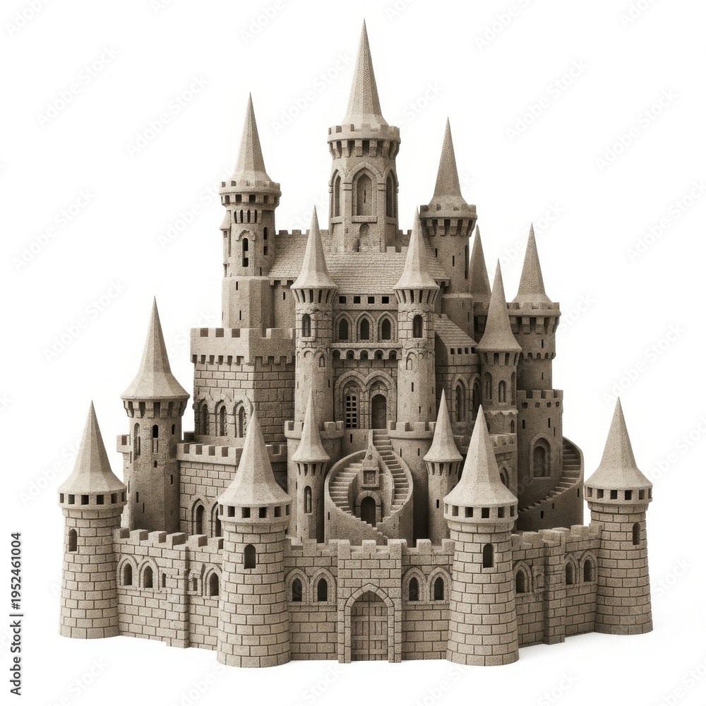 Fototapeta premium Detailed 3D illustration of a majestic fantasy castle with towers and stone architecture on white background