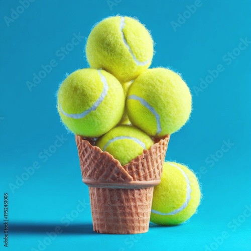 Stack of yellow tennis balls in a waffle ice cream cone on blue background