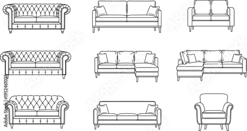Collection of sofa and armchair furniture line art illustration isolated on white background modern classic couch set interior design elements