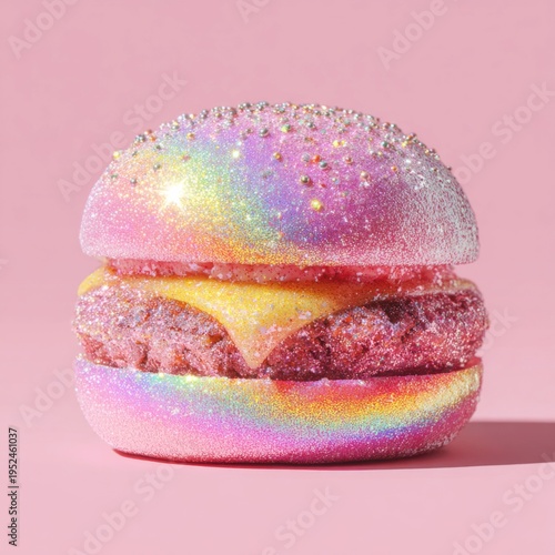 Creative food photography of a glittery rainbow cheeseburger on pink background