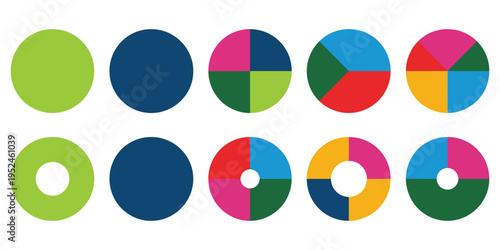 Pie chart color icons, pie chart sign, circle section graph, wheel round diagram parts, pie charts data and infographic elements, business analysis and statistics concept isolated background.