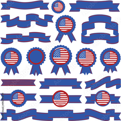 A collection of American flag themed blue and red ribbons and patriotic badges