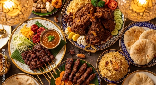 Assorted Middle Eastern Feast with Lamb Shank, Skewers, and Biryani