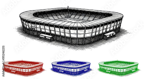 Stadiums Collection: Sketch Art of Sports Arenas in Red, Blue, Green, and Black & White