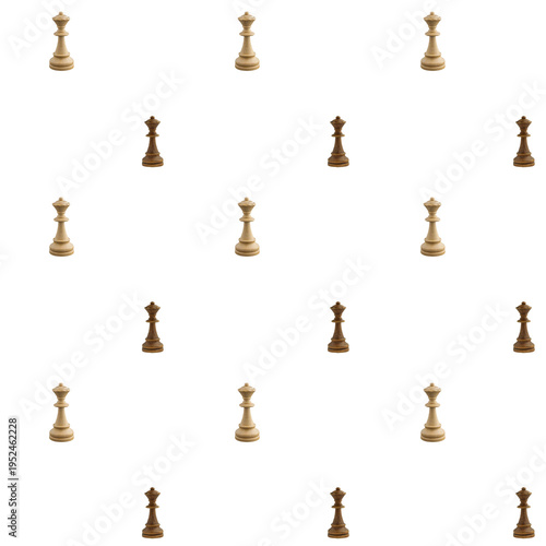 Chess queens forming a strategic pattern on white background, representing power, game strategy, and competition concepts