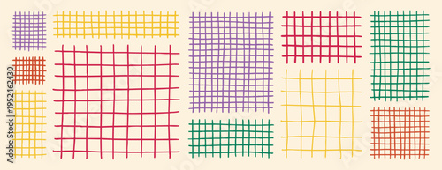 Pastel grid notebook paper set. Crayon drawn checkered patterns. Hand sketched plaid backgrounds for design