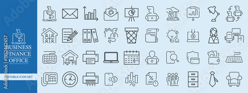 Business, Finance, and Office Outline Icon Set , Corporate, Accounting, Banking, Office Management, and Startup Essentials Vector Pack