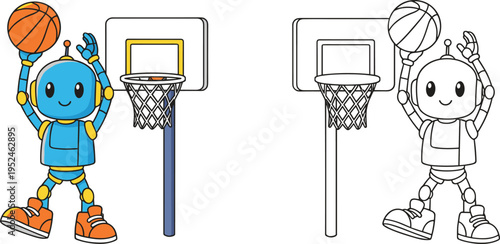 Cute cartoon blue robot basketball player jumping to dunk a ball including black and white coloring page version isolated white,