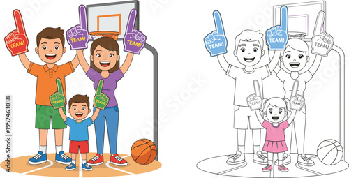 Happy cartoon family basketball fans wearing foam fingers cheering on court including black and white coloring page version isolated white,
