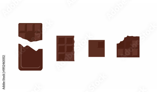 Dark Chocolate Bar Icon Set with Whole and Broken Chocolate Pieces Flat Vector Illustration Isolated on White