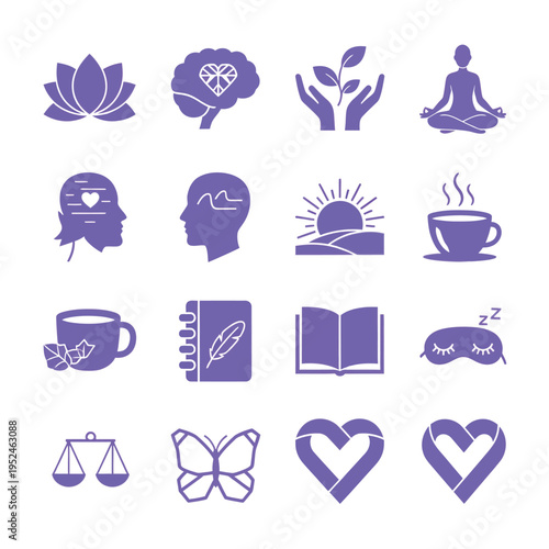 A collection of purple icons representing mental health and wellness