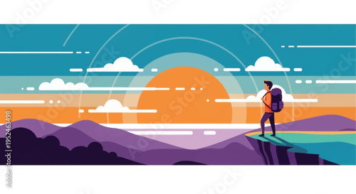 Traveler exploring majestic mountain view at sunrise sunset scenic overlook with backpack vector illustration