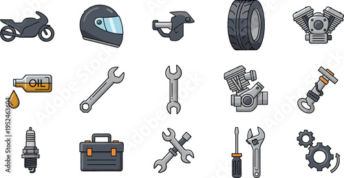 Motorcycle Service and Repair Icon Set Vector Collection Featuring Engine Parts, Tools, Helmet, Oil, and Maintenance Equipment for Bike Workshop Design