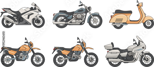 Motorcycle Types Vector Set Featuring Sport Bike, Cruiser, Scooter, Touring, and Off Road Motorbike Illustrations for Transport and Automotive Design