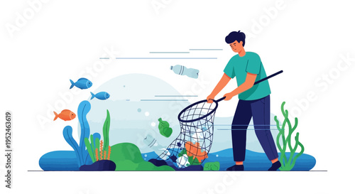 Environmentalist cleaning plastic pollution from ocean water using a net safeguarding sea creatures and marine life
