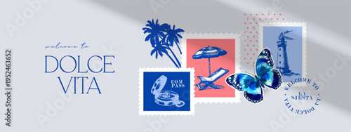 Hand drawn sketch tropical poster. Dolce vita summer vibe. Vintage summer Italy Mediterranean coastal vacation banner. Vector illustration