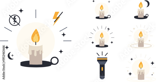 Power Outage Candle Icon Set Vector Collection Featuring Emergency Lighting, Flashlight, and Darkness Symbols for Blackout Safety and Energy Crisis Design