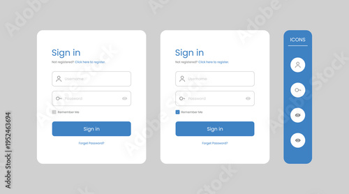 Modern sign in and login form UI template featuring two card panels, username and password fields, remember me option, blue call to action buttons and an icon sidebar ideal for web and app