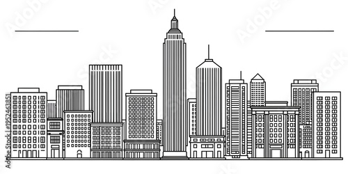 Minimalist City Skyline Line Art Illustration with Skyscrapers and Urban Buildings