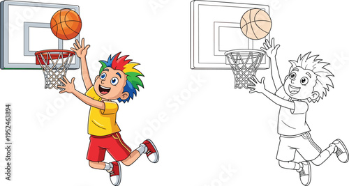 Cute cartoon boy with colorful hair jumping to dunk a basketball into hoop including black and white coloring page version,
