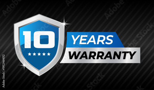 10 years warranty blue shield badge premium product guarantee label for quality assurance protection service.