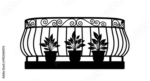 Silhouette of a balcony with potted plants and wrought iron railing.