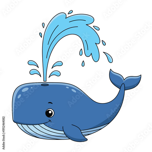 Cute cartoon whale spouting water joyfully.