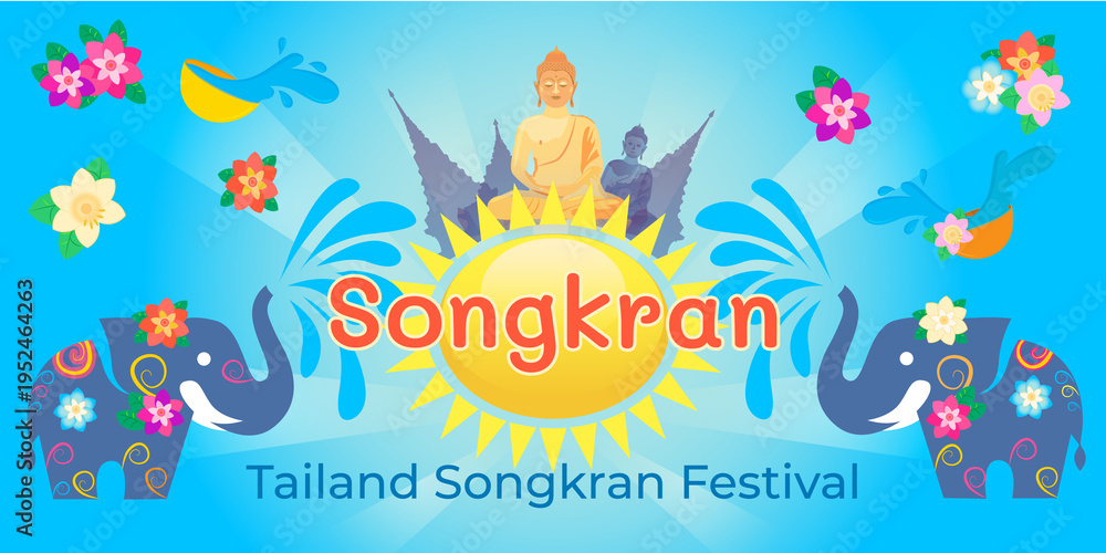 Fototapeta premium Songkran Thailand Water Festival Banner with Elephants, Buddha and Water Splash Vector Illustration