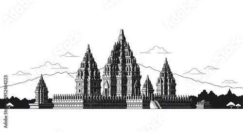 Detailed Line Art Depiction of the Prambanan Temple Complex.
