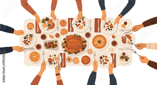 Thanksgiving Dinner Table Vector Illustration Featuring Roast Turkey, Family Hands Sharing Meal, Traditional Dishes, and Festive Holiday Celebration Food Scene