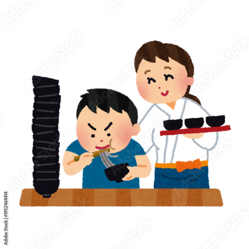 Illustration of Wanko Soba Noodles Challenge with Man Eating and Female Server